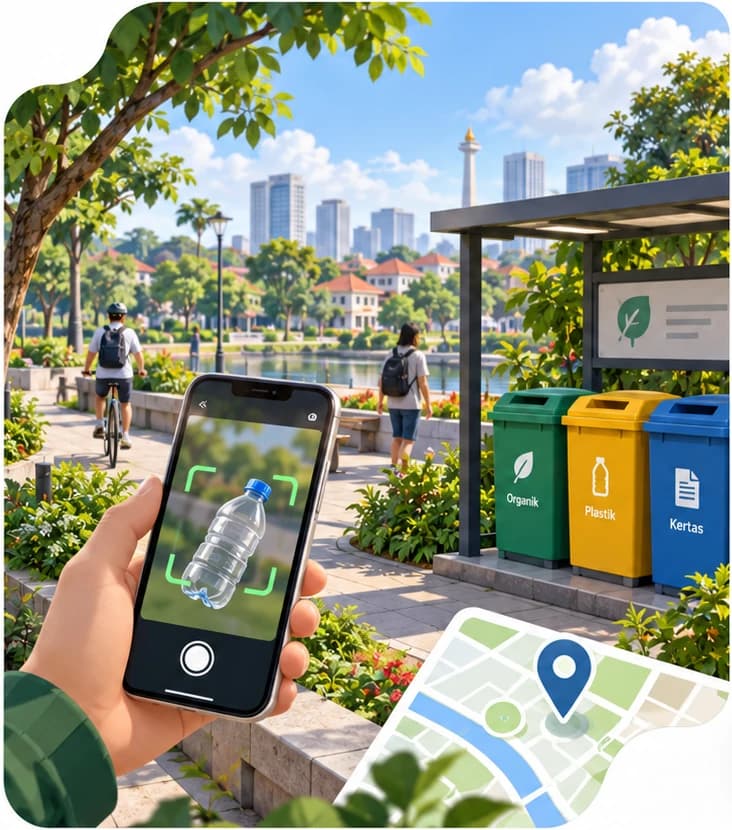 Taman kota hijau dengan ponsel pemindai botol dan tempat sampah terpilah