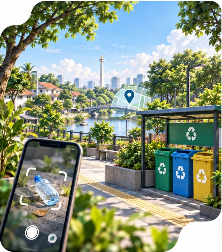 Taman kota hijau dengan fasilitas pemilahan sampah dan ponsel pemindai